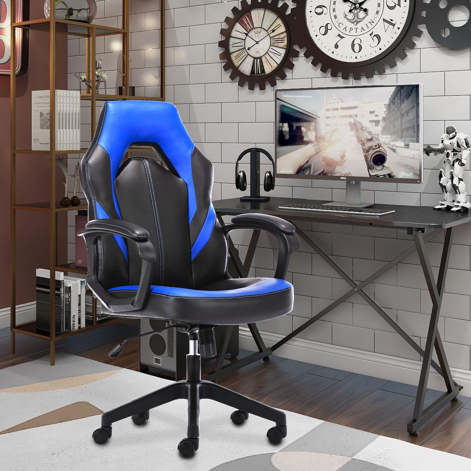 Office Chair Ergonomic Gaming Chair Comfortable Desk Chair Padded Computer Chair PU Leather Executive Swivel Chair with Padded Armrests and Lumbar Support for Office, Gaming and Home (Blue, Modern)