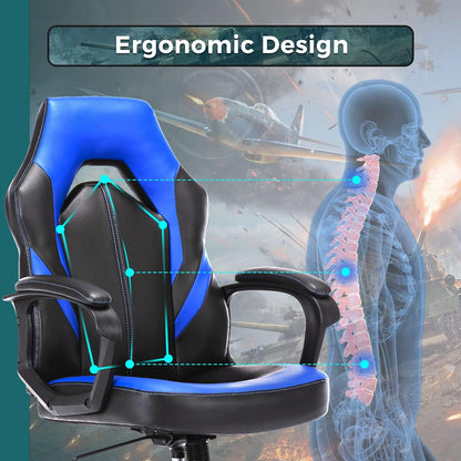 Office Chair Ergonomic Gaming Chair Comfortable Desk Chair Padded Computer Chair PU Leather Executive Swivel Chair with Padded Armrests and Lumbar Support for Office, Gaming and Home (Blue, Modern)