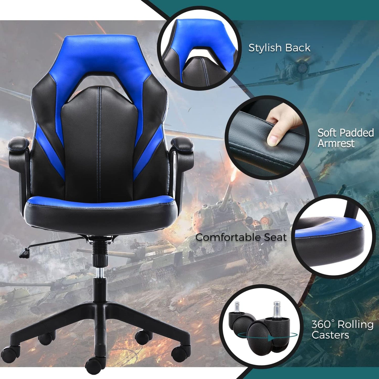 Office Chair Ergonomic Gaming Chair Comfortable Desk Chair Padded Computer Chair PU Leather Executive Swivel Chair with Padded Armrests and Lumbar Support for Office, Gaming and Home (Blue, Modern)