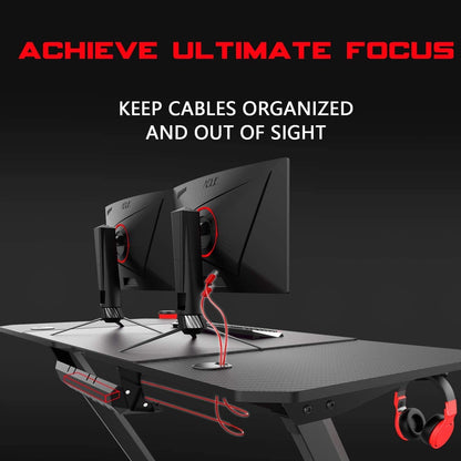 55 Inch Ergonomic Gaming Desk, Z-Shaped Office PC Computer Desk with Large Mouse Pad, Gamer Tables Pro with USB Gaming Handle Rack, Stand Cup Holder&Headphone Hook (Black, 55 Inch)