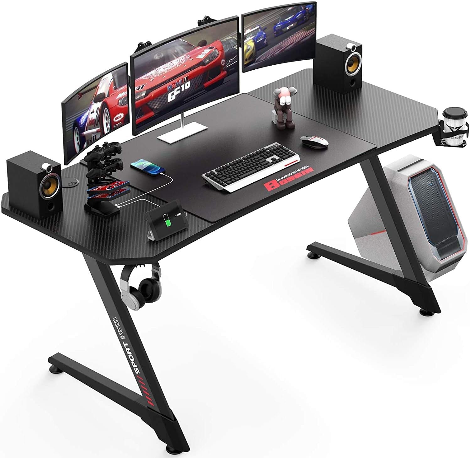 55 Inch Ergonomic Gaming Desk, Z-Shaped Office PC Computer Desk with Large Mouse Pad, Gamer Tables Pro with USB Gaming Handle Rack, Stand Cup Holder&Headphone Hook (Black, 55 Inch)