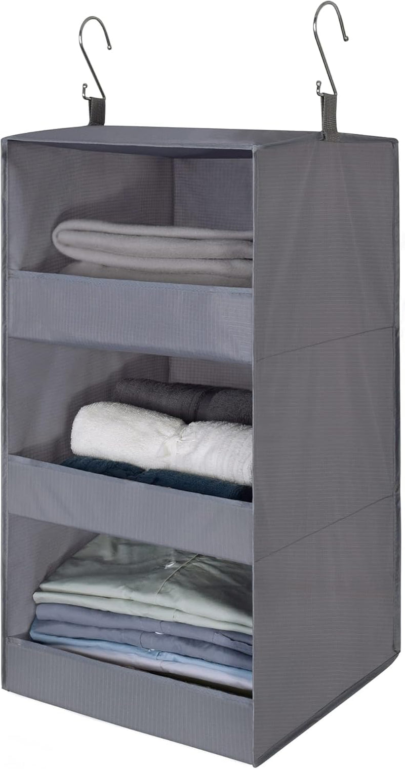 3-Shelf Hanging Closet Organizer and Storage, Collapsible Hanging Closet Shelves, Hanging Organizer for Closet & RV, Gray, 29 ½" H X 12" W X 12" D, 1-Pack