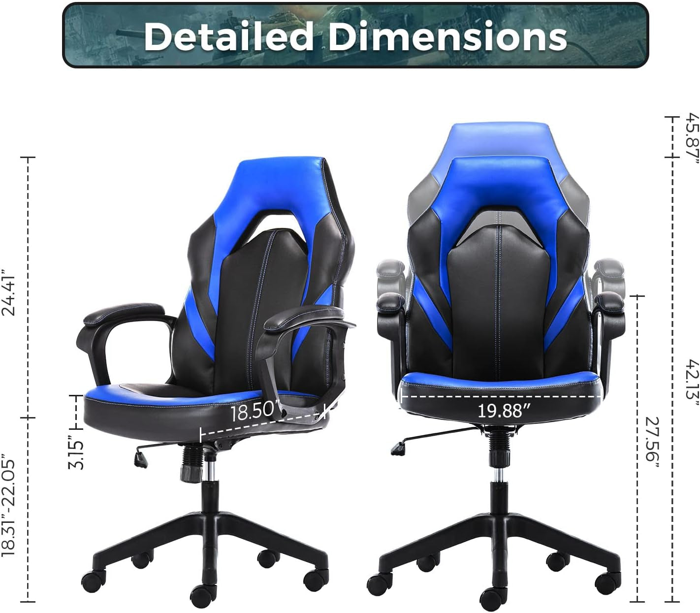 Office Chair Ergonomic Gaming Chair Comfortable Desk Chair Padded Computer Chair PU Leather Executive Swivel Chair with Padded Armrests and Lumbar Support for Office, Gaming and Home (Blue, Modern)