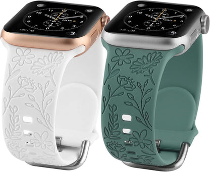 2 Pack Flower Engraved Sport Strap Compatible with Apple Watch Bands 38Mm 40Mm 41Mm, Women Floral Laser Soft Silicone Wristband Replacement Iwatch Series 8 7 6 5 4 3 2 1 SE