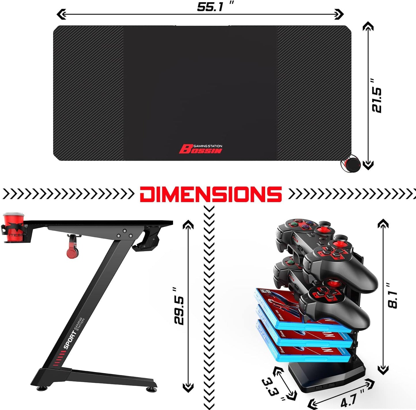 55 Inch Ergonomic Gaming Desk, Z-Shaped Office PC Computer Desk with Large Mouse Pad, Gamer Tables Pro with USB Gaming Handle Rack, Stand Cup Holder&Headphone Hook (Black, 55 Inch)