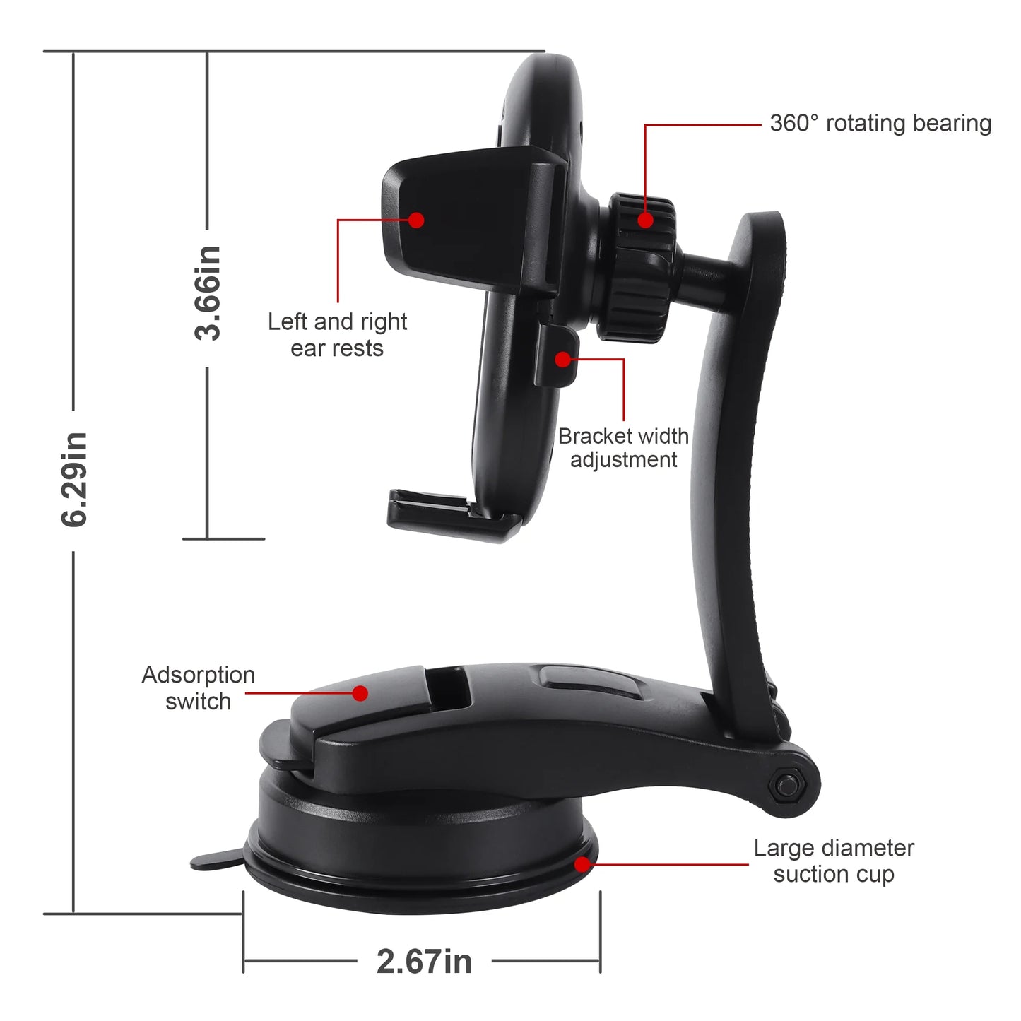 Car Phone Holder Mount, Dashboard Phone Mount for Car, Adjustable Rotating Phone Holder with Suction Cup Mount, Suction Base and Pop up Button, Fits Phones up to 6.5”